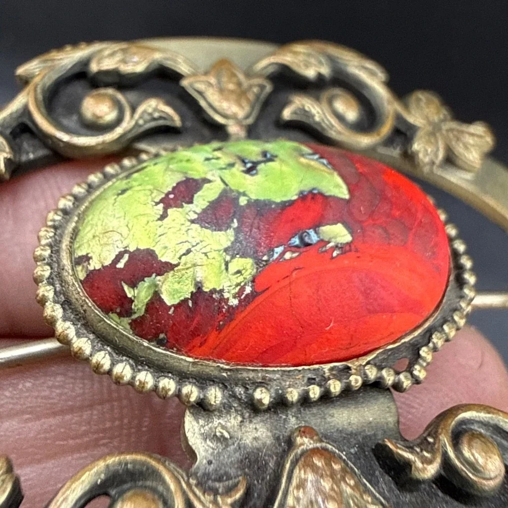 Vintage Victorian Czech Foil Art Glass Brooch‎ Sash Pin Red Green